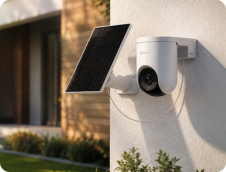 EZVIZ camera and solar panel mounted on a wall